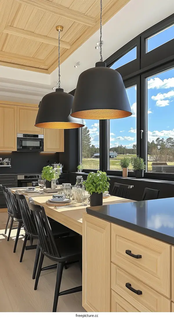 Modern Farmhouse Kitchen Dining Area with Black Pendant Lights