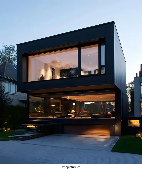 Modern Black House with Large Windows and Wooden Garage Door