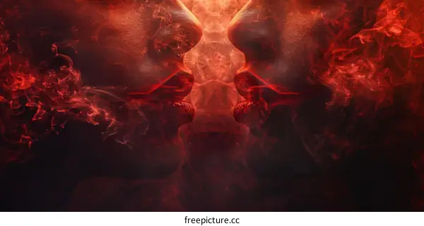 Two red-skinned human faces in the smoke