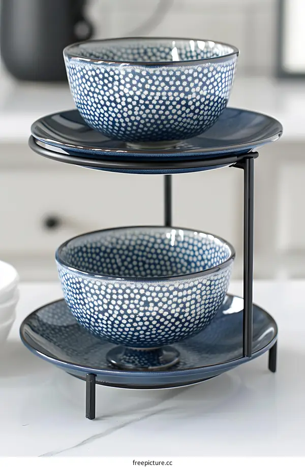 Blue and White Ceramic Bowls on a Black Stand