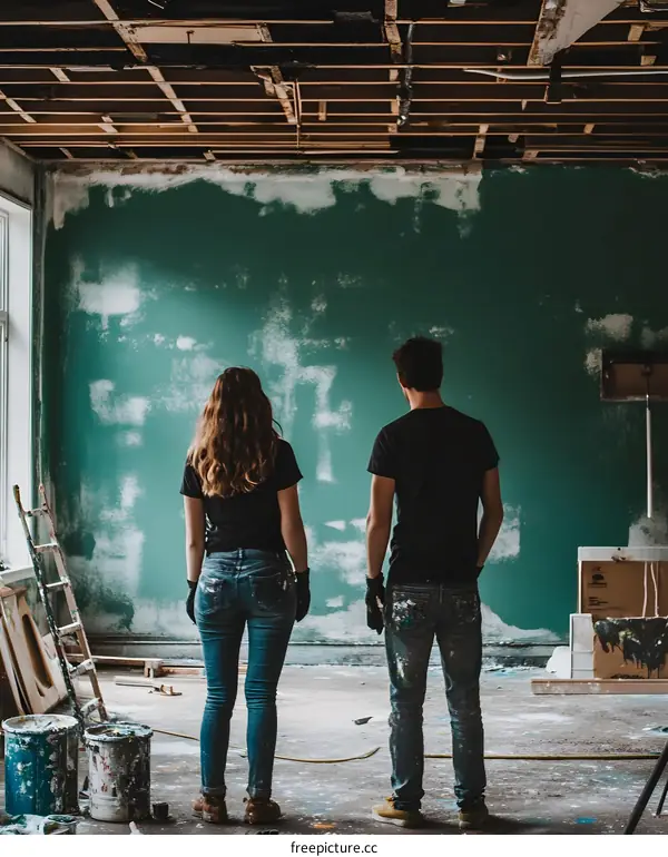 Couple Standing in Front of Green Wall During Home Renovation