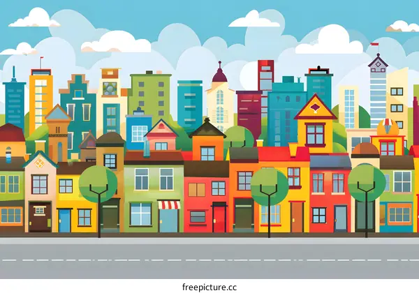 Colorful Cityscape Illustration with Houses and Buildings