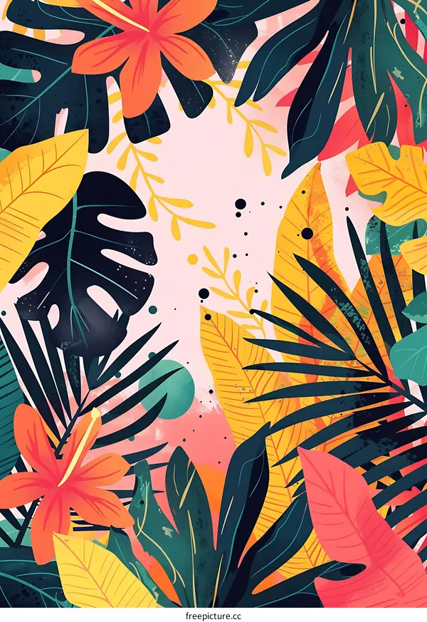 Tropical Leaves and Flowers Illustration Background