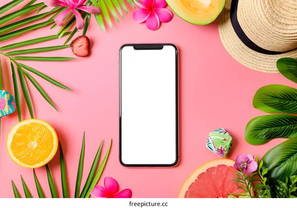 Summer Flat Lay with Smartphone on Pink Background