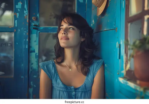 Portrait of a beautiful young woman with brown hair and green eyes, looking away pensively.