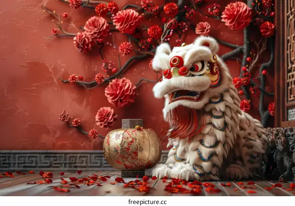 A Red and Gold Lion Statue Sits in Front of a Red Wall with a Cherry Blossom