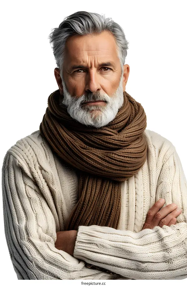 Portrait of a Serious Mature Man Wearing a Brown Scarf