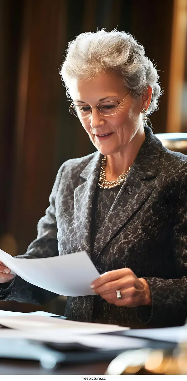 Business Woman Reviewing Documents in Office