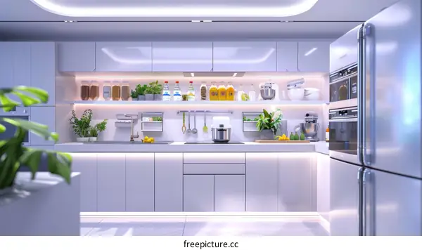 A modern kitchen with white cabinets and stainless steel appliances