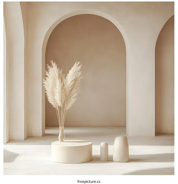 Minimalist White Interior Design With Pampas Grass and Arches