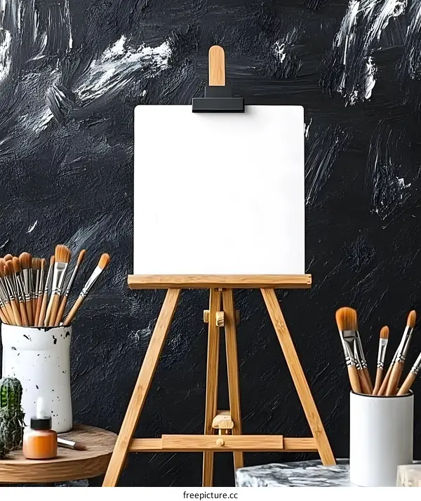Blank Canvas on Wooden Easel in Art Studio