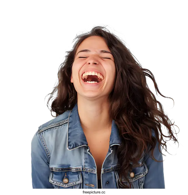 [Transparent Background PNG]Woman in a Denim Jacket Laughing with Head Tilted Back