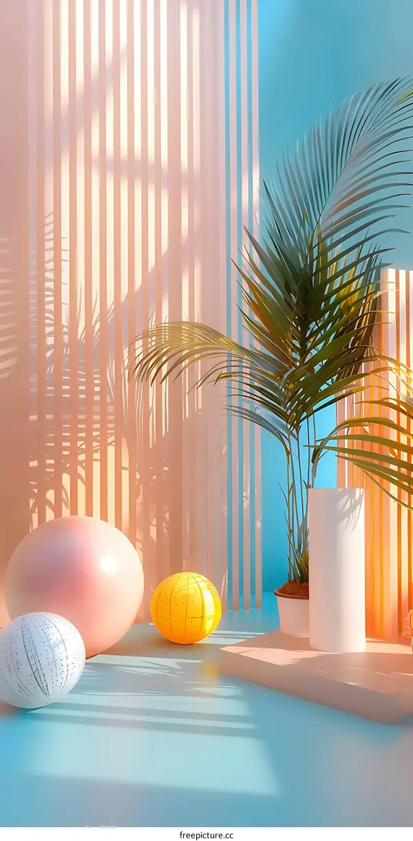 Minimalist 3D Illustration with Palm Tree and Geometric Shapes