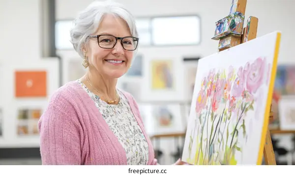 Senior Woman Artist Painting Flowers