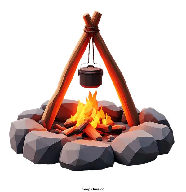 [Transparent Background PNG]Low-poly Campfire with Pot