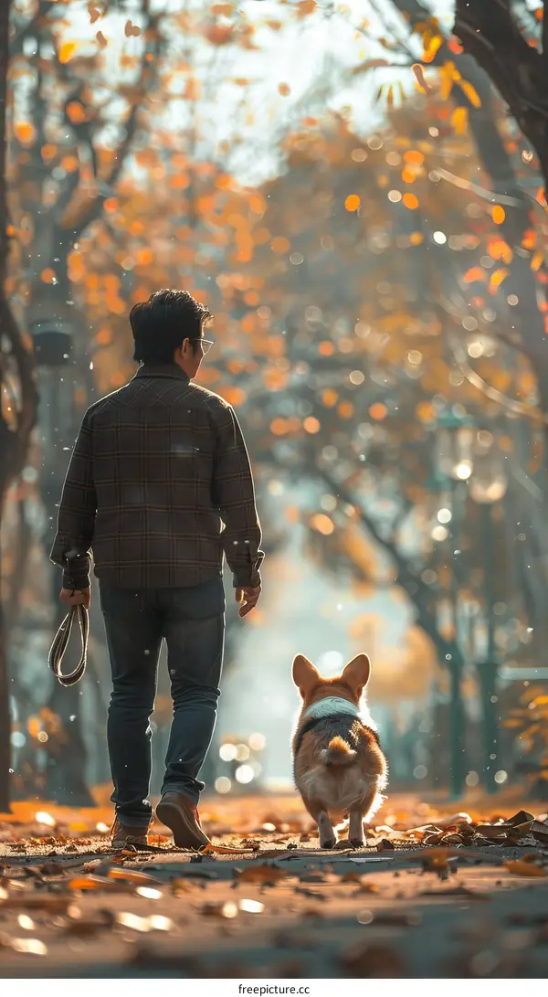 A man walking his dog in the park