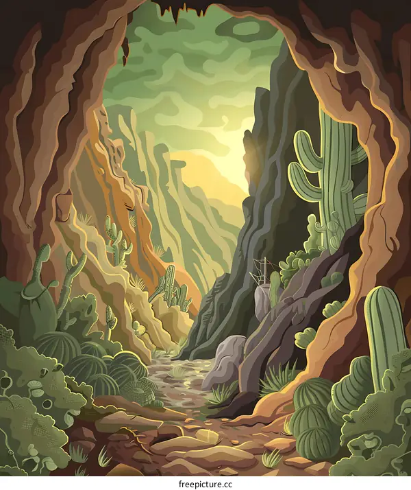 Canyon Landscape with Cactus and Sun