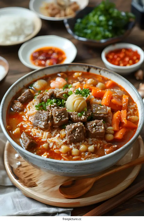 A bowl of beef and rice noodle soup with carrots and green onions
