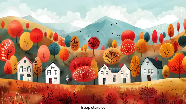 Autumn Village Landscape Illustration