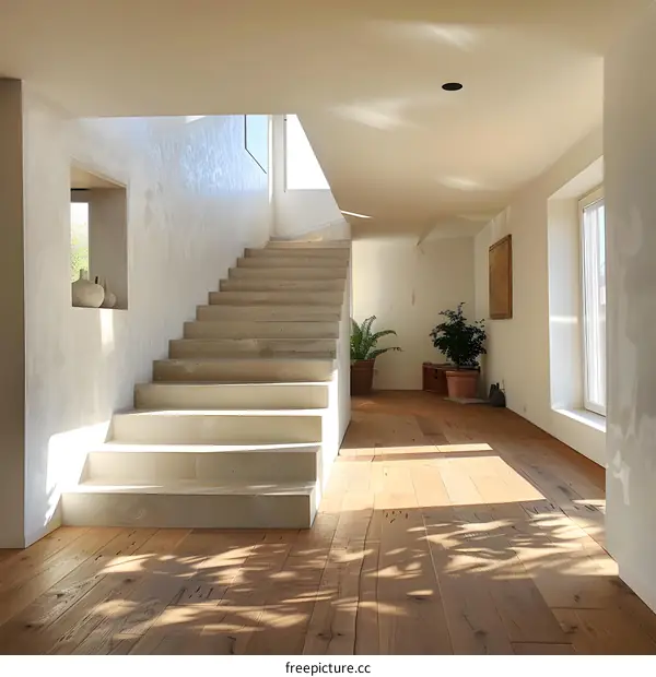 Modern Interior Design White Concrete Staircase Sunlight