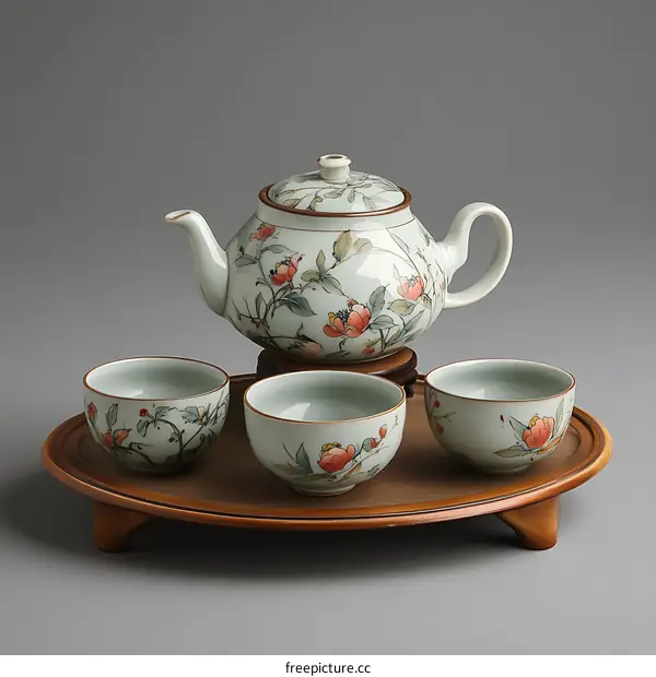 Traditional Chinese Tea Set with Floral Design on Porcelain