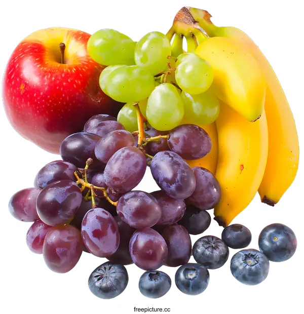 [Transparent Background PNG]Fresh Fruit Collection: Apples, Bananas, Grapes, and Blueberries
