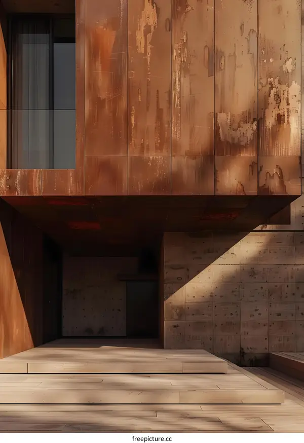 Modern Minimalist House Exterior with Rusty Metal Wall and Wooden Deck
