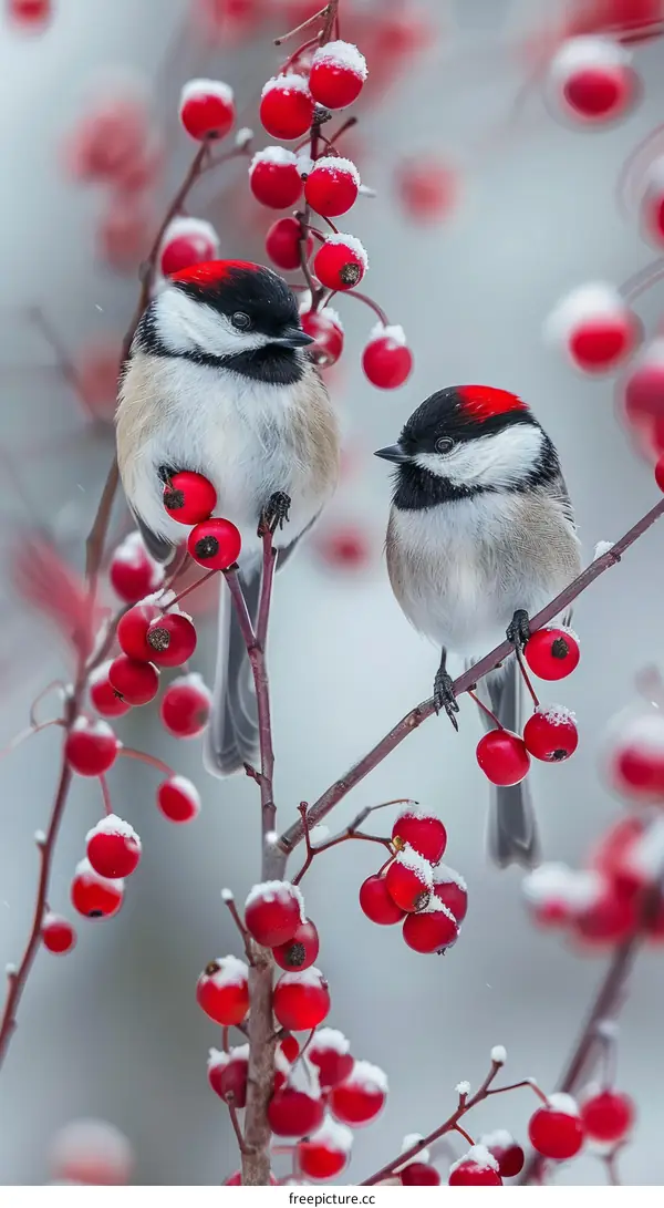 Two birds on a branch with red berries in the snow