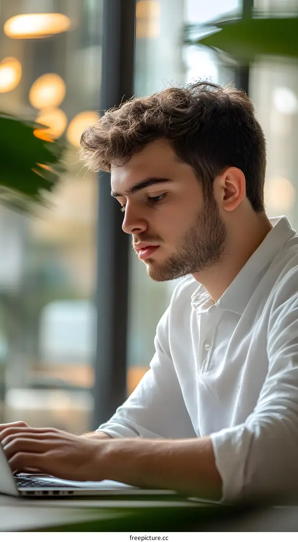 Young Man Working on Laptop in Cafe