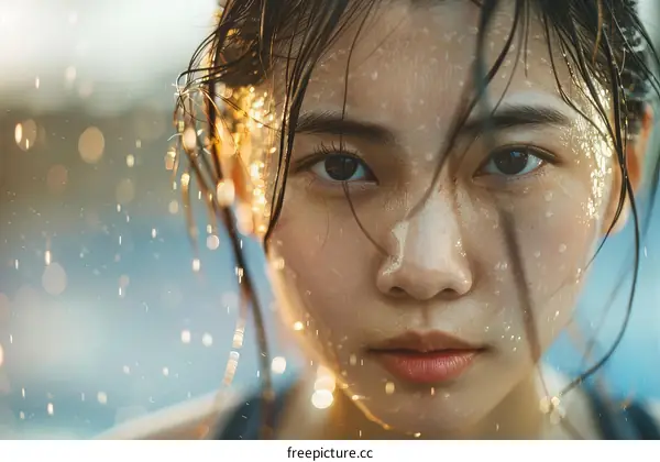 Close Up Portrait of a Young Asian Woman with Water Drops on Her Face