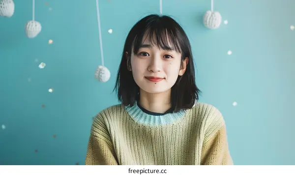 Smiling Woman in a Pastel Knit Sweater Against a Blue Background