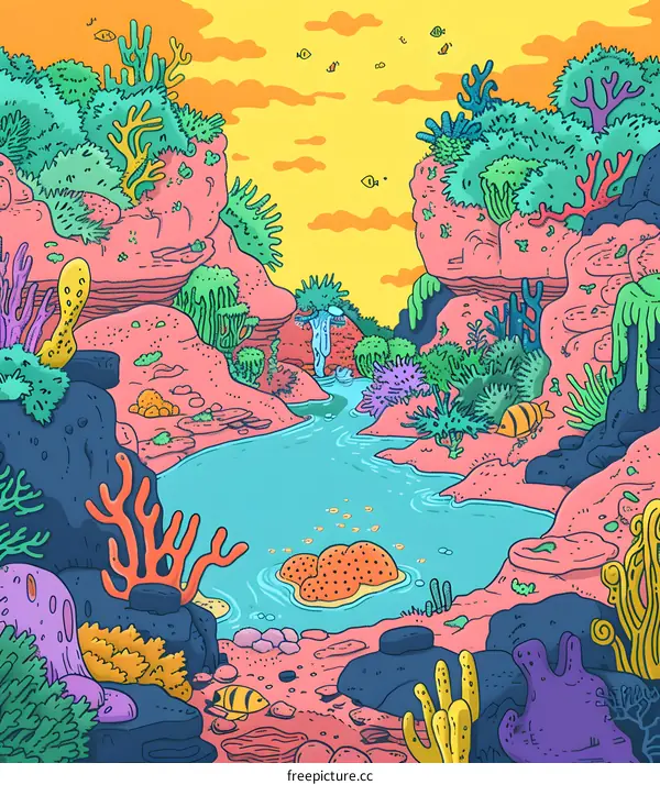 Colorful Illustration of Underwater Seabed with Coral Reefs and Fish