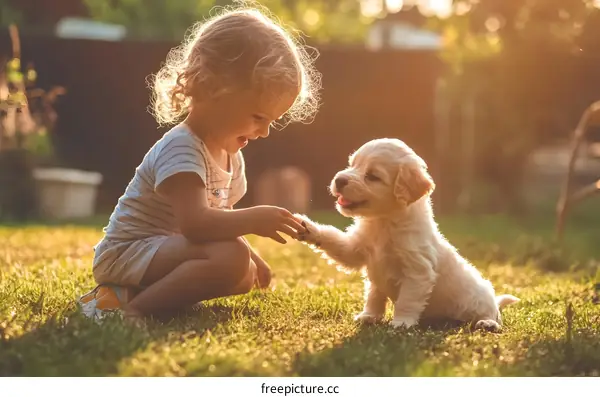 Little Girl Playing with Puppy in the Grass