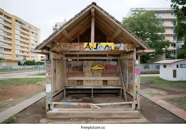 Wooden Shelter with Graffiti Art in Urban Setting