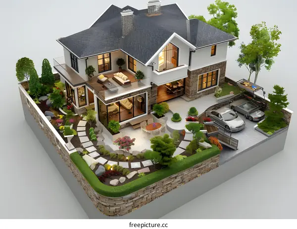 A house with a garage and a garden