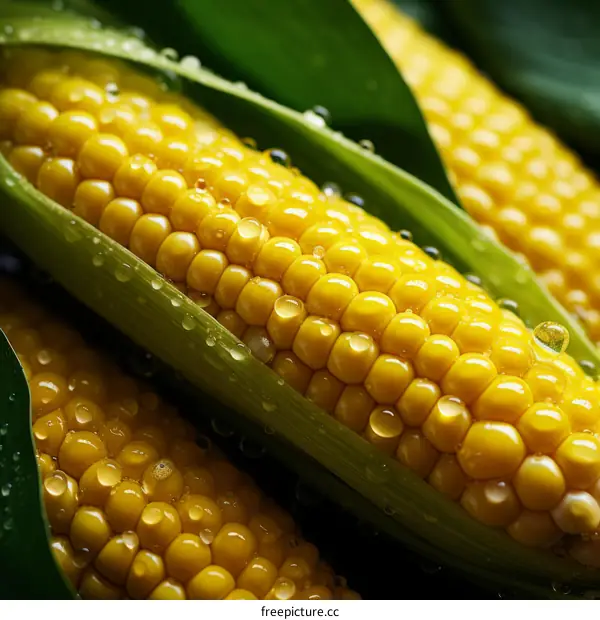 Close-up of fresh corn on the cob with water drops