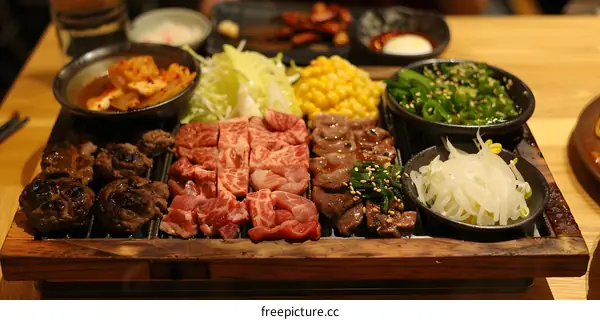 A variety of meats and side dishes are served on a wooden plate.