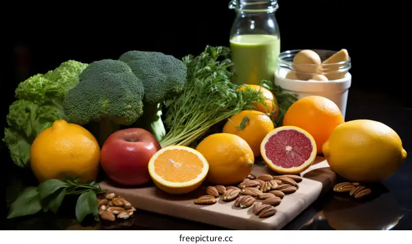 A variety of fruits and vegetables are arranged on a wooden table.