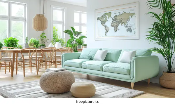 A bright and airy living room with a large sofa, coffee table, rug, and lots of plants