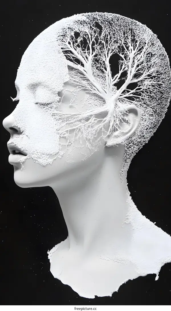 White Sculpture of a Woman With a Tree Growing Through Her Head