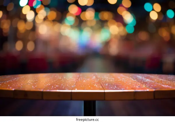 An empty wooden table with a blurred background of colorful lights