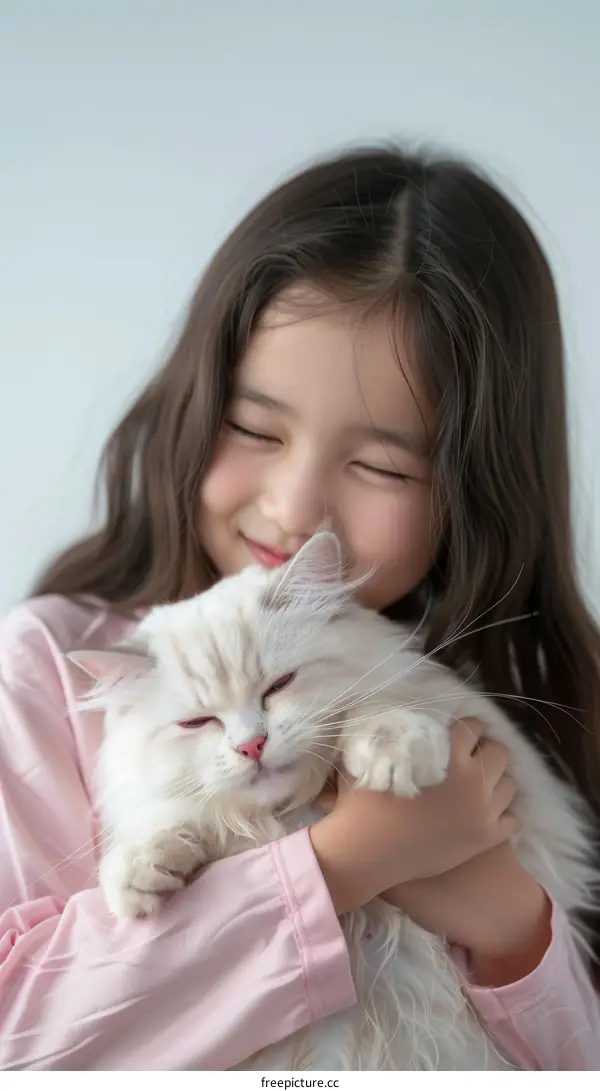 A girl hugging a white cat