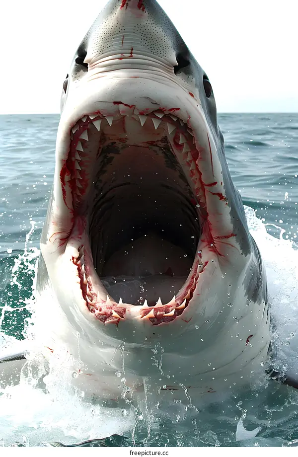 Great white shark jaws open at surface