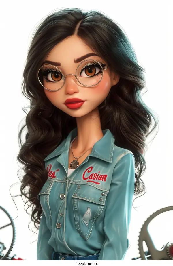 Illustration of a Young Woman with Long Brown Hair, Brown Eyes, Glasses, and a Blue Denim Jacket with Patches