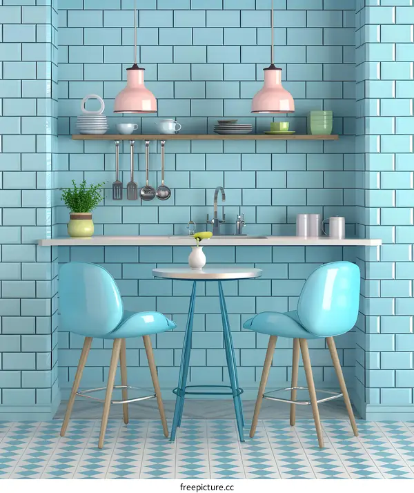 Blue and White Kitchen Interior Design with Pink Pendant Lights