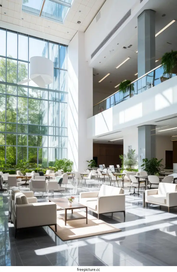 A modern office lobby with a large glass window and a seating area