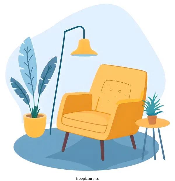Yellow Armchair with Floor Lamp and Plants