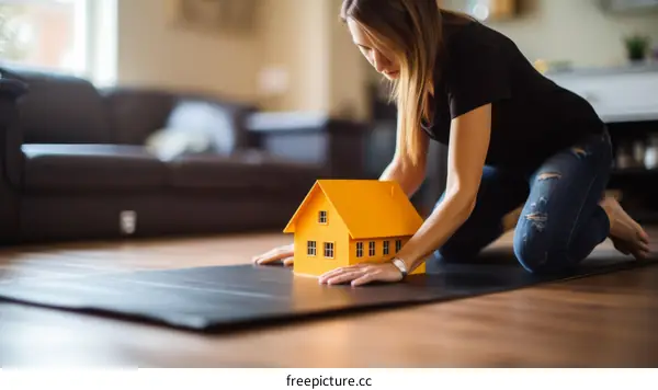 Young woman kneeling on the floor and holding a small yellow house