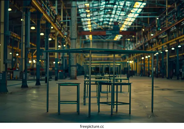 Empty Green Tables in Industrial Factory