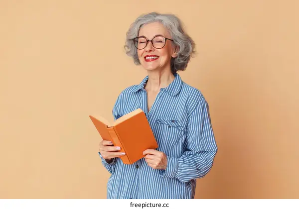 Senior Woman Reading a Book in Casual Style